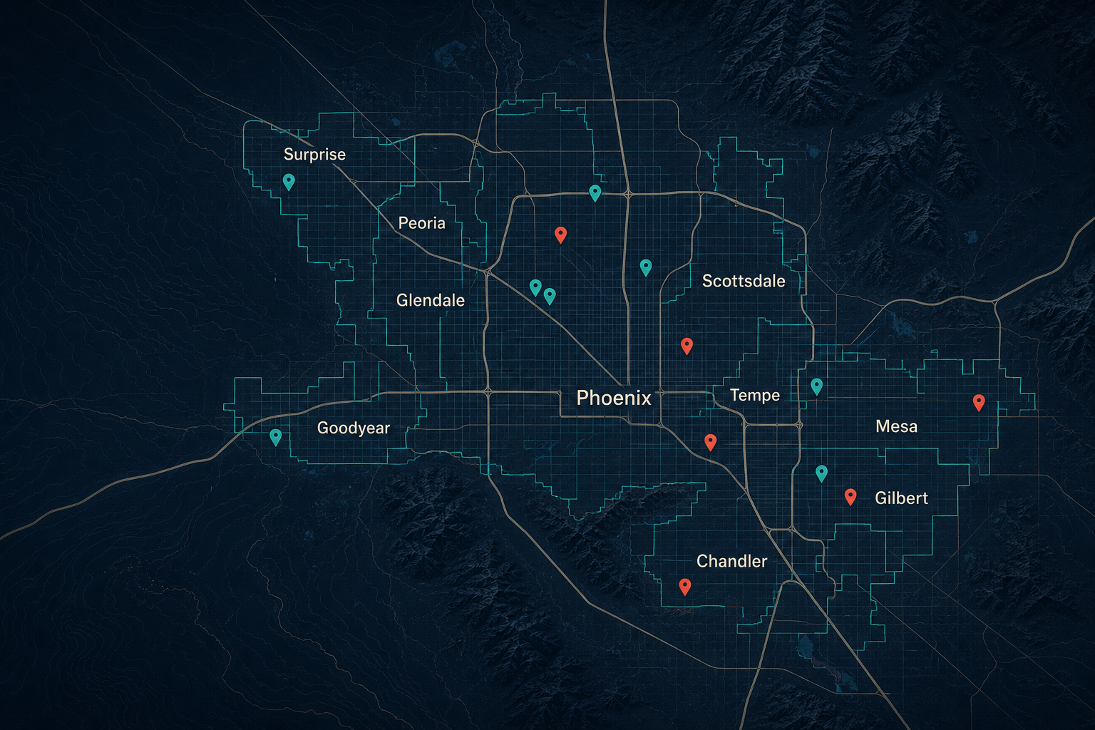 Phoenix metropolitan area with city boundaries and selected development markers